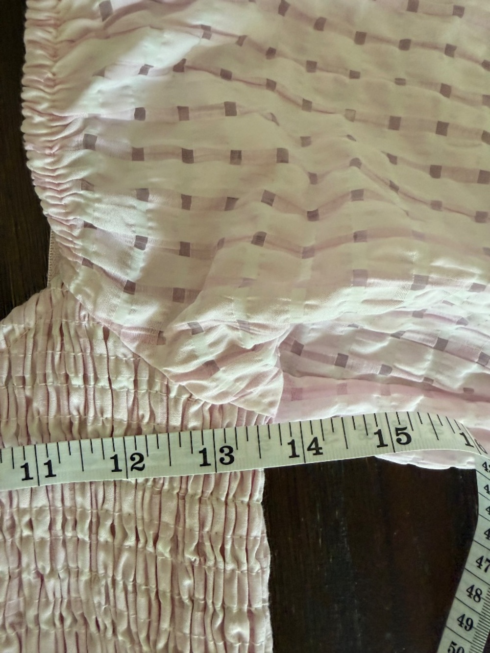 MABLE Pink Smocked Puff Sleeve Textured Check Tiered Babydoll Mini Dress Small - Picture 14 of 16